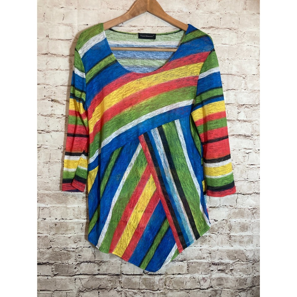 Travel‎ Elements Artsy Top Large Colorful Asymmetric Hem Stripes Art To Wear